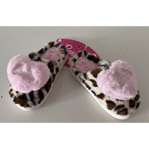 Barbie Leopard Print Pink Heart Plush Faux Fur Slippers Women’s Size Small 5-6 - Picture 1 of 16